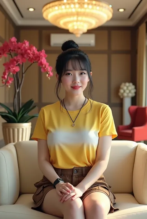 Cinematic photorealistic A beautiful Korean woman with smooth, clean white skin ,The figure is rather plump, her black hair is tied up in a bun with bangs., wearing a bright yellow t-shirt with white gradient, black watch brown cargo shorts lots of pockets...