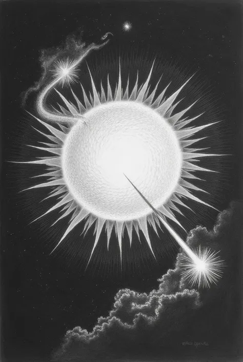 Pencil drawing of a sun with shooting star going across sun.