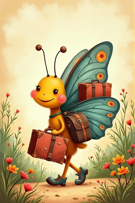 Papillon qui porte des valise dans un style cartoon homemade