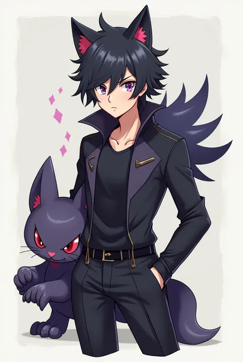 an animated male character with distinct characteristics: Cat ears, messy black hair and wearing a dark outfit with a gengar pokemon character. half of the body 