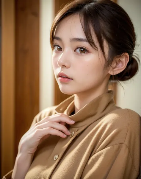 Best Quality, Face Focus, Soft Light, Ultra-high resolution, (Realistic:1.4), RAW Photos,
One Japanese girl, Alone, cute, (pupil, pupilに光),  Detailed and beautiful face, (Small breasts),(High resolution detail of human skin texture),
(Short brown ponytail)...