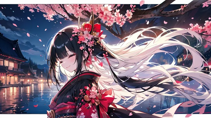 Girl, long black hair, kimono, eyes closed, smiling, singing and dancing, cherry blossoms at night, cherry blossom snowstorm, moonlight, fantastic, fun