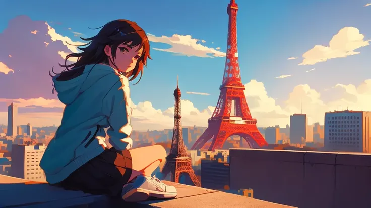 anime girl sitting on ledge overlooking cityscape with eiffel tower in background, makoto shinkai cyril rolando, tokyo anime scene, ilya kuvshinov landscape, anime art wallpaper 8 k, in style of makoto shinkai, anime art wallpaper 4 k, anime art wallpaper ...