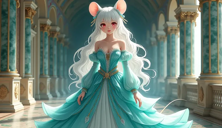 (best quality,4k,8k,highres,masterpiece:1.2), ultra-detailed, Pretty albino girl has a princess of the sea, drawn in 2D anime style, steampunk, wearing a iridescent turquoise princess gown with puffy sleeves, steampunk, gorgeous frilly dress design,flowing...