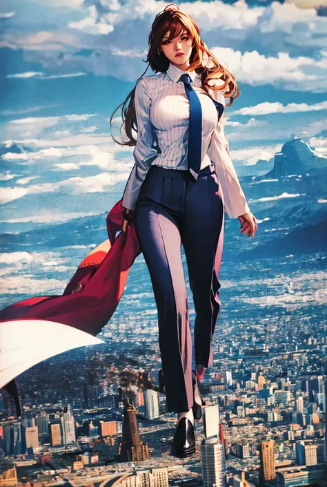 Giantess art, tera giantess in distance walking on countries, young women with beautiful curves, massive thighs, ginger hair, lipstick, wearing a perfect form-fitting loght grey pinstripe trouser suit and blazer, crisp white shirt with large spread collar,...