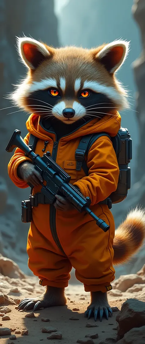 A dark fantasy depiction of a demonic cute very furry baby raccoon from the movie Guardians of the Galaxy. A raccoon stands on a rocky terrain. he is wearing an orange pilots suit with a blaster in his paws. The background is dark and mysterious. The photo...