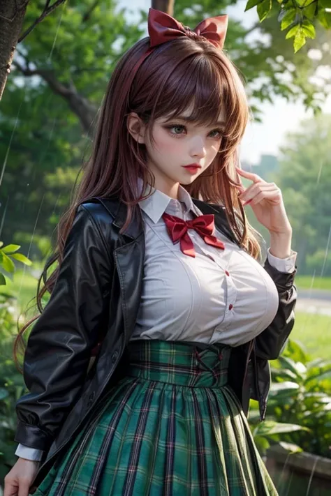 (in the dark:1.6) , big breasts , big tits , school girl , long skirt dark red , long plaid skirt , pleated skirt , red knot , red bow , rain