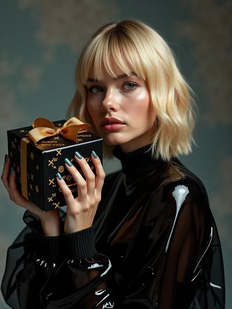 A medium shot of a fashion model holding a luxury gift box with huge exact typography text"@papelphotograph" with the exact x logo "𝕏", with blonde hair with bangs, wearing a dark transparent plastic outfit and having glossy skin, in the style of photograp...