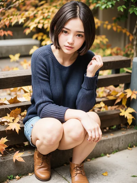 Top quality, one full-body image of a captivating, boyish woman with short, slicked-back hair, now dyed in a rich, deep auburn color that perfectly complements the autumn season. She is dressed in a casual yet stylish autumn ensemble—a cozy, light-colored ...