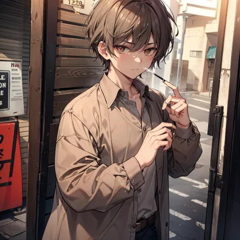 Wearing a greyish earth-toned shirt、A Westerner smoking a cigarette with his index and middle fingers raised on his right hand, Cool brown eyes, Sulky look