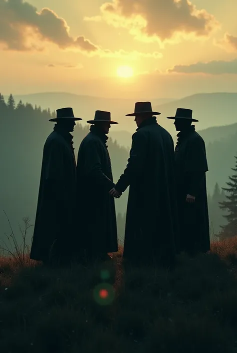 
Montrez un groupe dhommes en train de chuchoter, avec des expressions conspiratrices, sur une colline.
