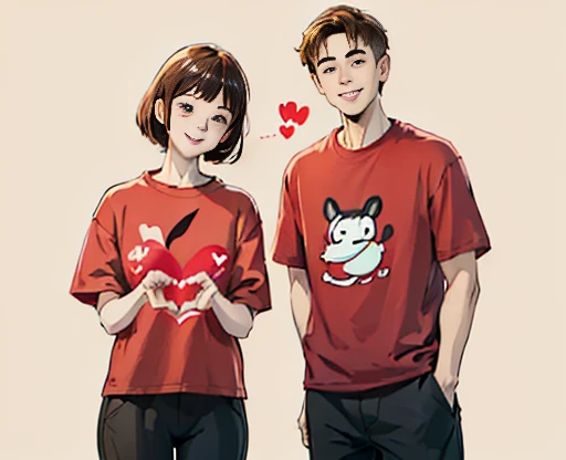 cute couple in love, wearing red t-shirts, gesturing heart symbols with their hands and smiling happily, cartoon style simple li...