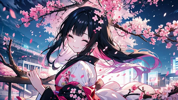 Girl, long black hair, kimono, eyes closed, smiling, singing and dancing, cherry blossoms at night, cherry blossom snowstorm, moonlight, fantastic, fun