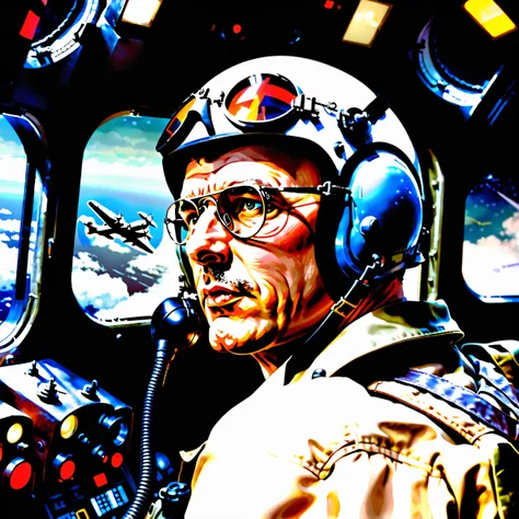 realistic, personality: [Illustrate a close-up shot of Colonel Paul. Tibbets the pilots room a B-29, focusing on his gaze as he speaks into the radio. His helmet and pilot glasses reflect the dim cockpit lights, and theres a detailed view of various cockpi...