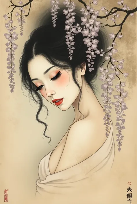 Ink Painting、Old paper texture、Damaged Paper、Old style、Faded color、Thick Fog、composition、Golden Ratio、Functional、grace、detail、background、Soft colors、Blurred Lines、Paintings from the Edo period、藤の花がbackgroundに広がり、The courtesan smiles with her eyes cast down...