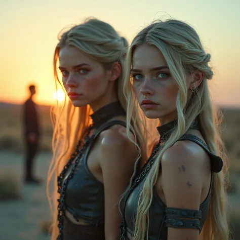 masterpiece, transition to a surreal landscape at sunset, a lonely figure, A beautiful 2 woman emerges in gorgeous post-apocalyptic chainmail and leather clothing, white skin, very long blonde hair, scrambled and tangled, blue-gray eyes, freckles on the fa...