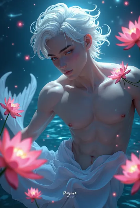 handsome young merman, male, white hair, pink flowers, night time, water, mermaid tail, manhua man face, handsome face, close up, glowing pink flowers