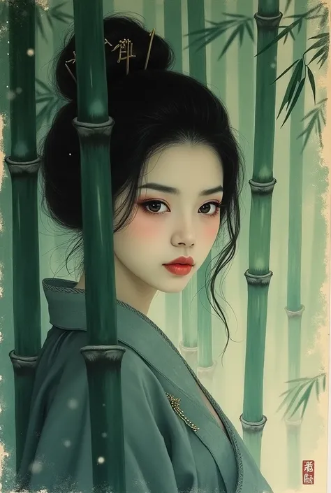 Ink Painting、Old paper texture、Damaged Paper、Old style、Faded color、Thick Fog、composition、Golden Ratio、Functional、grace、detail、background、Soft colors、Blurred Lines、Paintings from the Edo period、The shadow of the bamboo forest falls on her face.、A courtesan ...