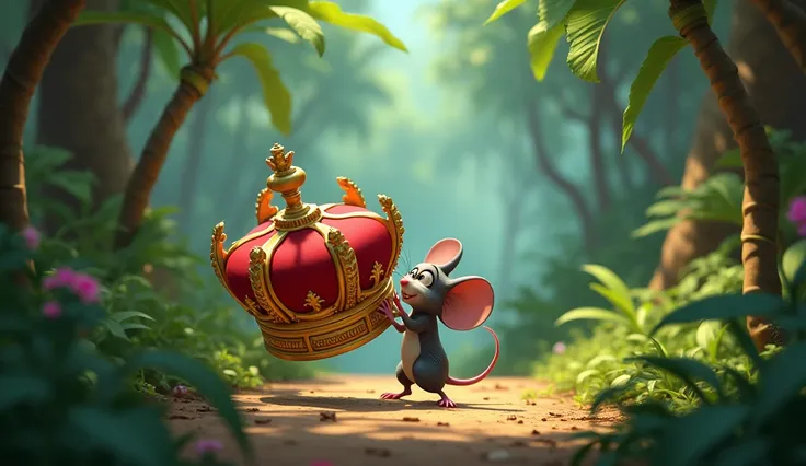 Mouse dragging big crown ,expression mischievous , background is jungle, picture in destiny pixar art 