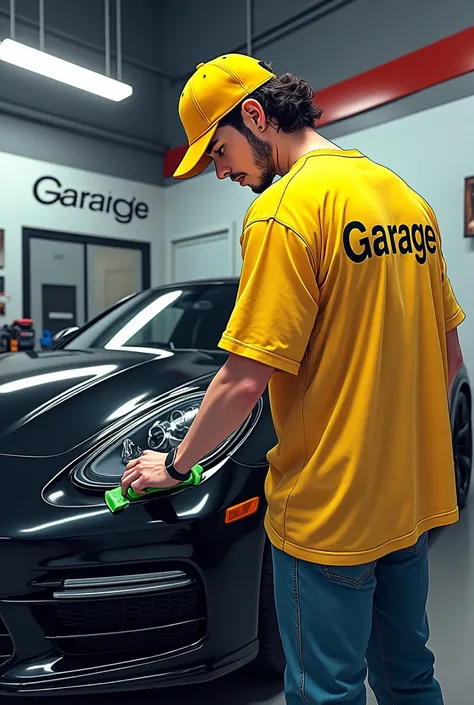 A men with yellow snapback,yellow oversize tshirt,angarage text on tshirt,polishing an black panamera,anime,manga,angarage text on tshirt,angarage text on wall,polish machine