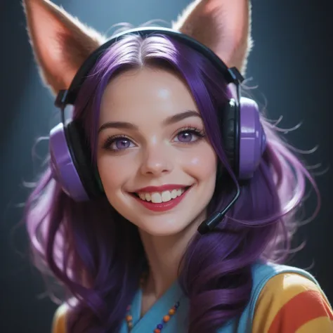 1 , Headset, purple eyes, best quality, Animal ears, laughter, projected shadow, 