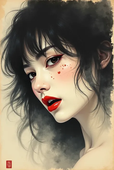 Ink Painting、Old paper texture、Damaged Paper、Old style、Faded color、Thick Fog、composition、Golden Ratio、Functional、grace、detail、background、Soft colors、Blurred Lines、Paintings from the Edo period、A close-up of her face in the dark。The lips, drawn with differe...