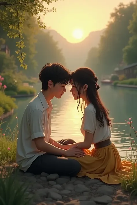 A handsome boy and a beautiful girl are seating infront of a beautiful village river at the evening, water flowing smoothly, their behind there are green grasses and artificial forest, they are touching hand, the girl puts her head on the boys shoulder