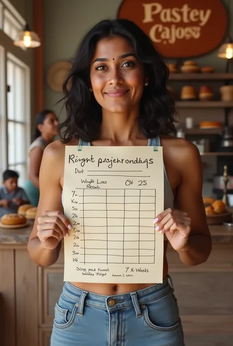 An adult girl of athletic build, Indian appearance, in ordinary clothes stands against the background of a pastry shop and shows a piece of paper on which is written 1 week - 7 kg 2 week - 15 kg, maximum realism, warm tones, without bright colors