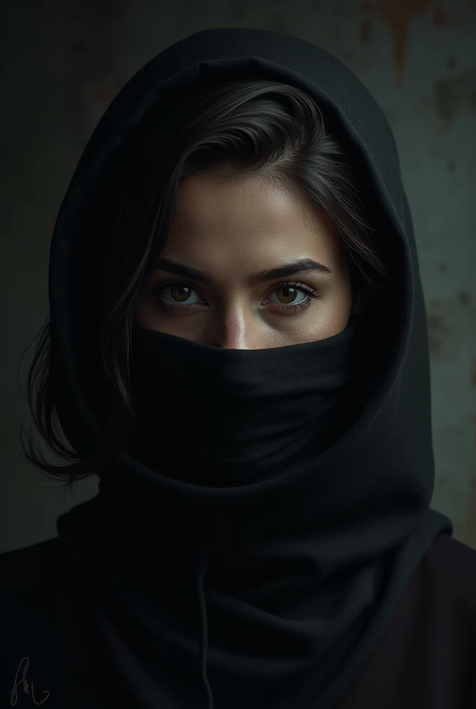 A brunette woman in a balaclava
