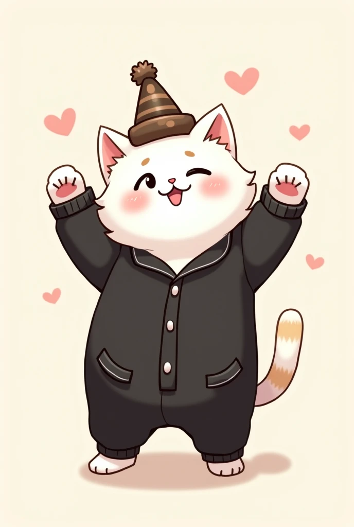 A white cat in black pajamas and a cute hat. A cat standing with its head in the air and its toes in love.