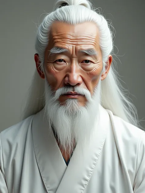 a photorealistic elderly chinese man, with long snowy white hair, long snowy moustache, long snowy beard, wearing white robe, ultra realistic, high detail, dynamic lighting, sharp focus, UHD