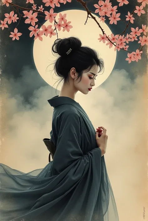 Ink Painting、Old paper texture、Damaged Paper、Old style、Faded color、Thick Fog、composition、Golden Ratio、Functional、grace、detail、background、Soft colors、Blurred Lines、Paintings from the Edo period、夜桜をbackgroundに、The courtesan looked away slightly.、Show a secre...