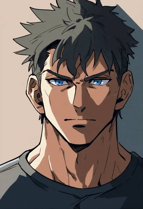 A muscular, anime-styled male god with short black spiky hair, piercing blue eyes, and a strong jawline with 5 oclock shadow stubble