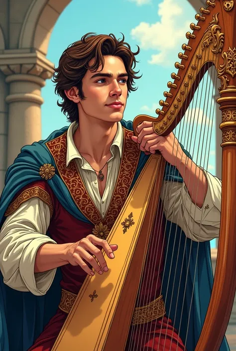 Comic ART beauty Man medieval bard with harp