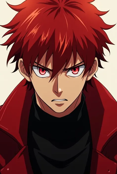 A 30 year old red haired man, with short length hair, eyes glowing red and a serious face, looking at the camera out of the corner of his eye, wearing black clothes and a red coat.. Make anime style