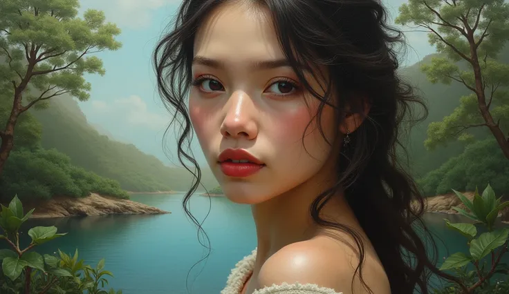 Ultra-realistic, realistic portrait painting), (Подсказка B: beautiful and dreamy landscape), (hint C: dark and gloomy abstract painting)  