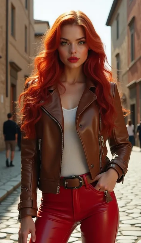 in photorealistic style, girl, long red wave hair, green eyes, red lips, white in red leather pants and a brown leather jacket, standing in a Roman town square, perfect make-up,