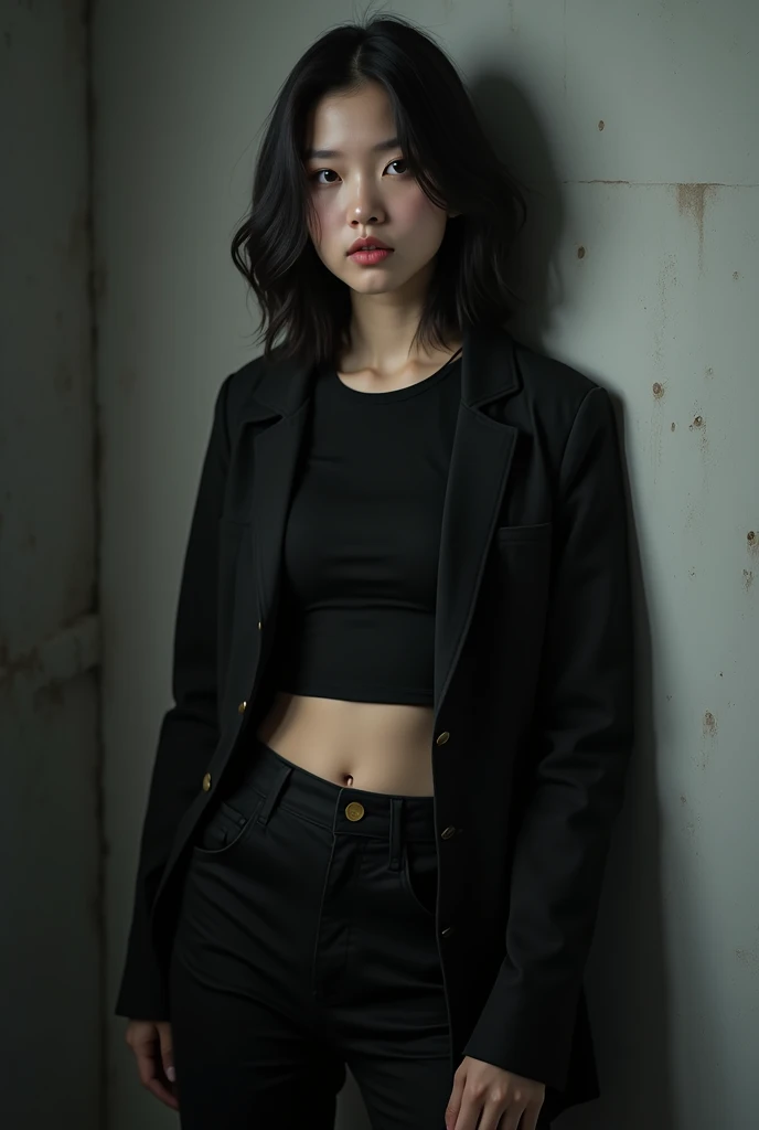 a female teenager about age ,16 who is Asian, she likes to wear black things. she usually wears a jacket with a crop top and black pants. she has dark hair and eyes 