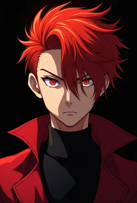 A 30 year old red haired man, with medium length hair, with flaming eyes and a serious face, looking at the camera out of the corner of his eye, wearing black clothes and a red coat.. Make anime style