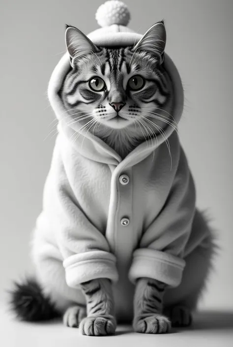 A black and white cat wearing pajamas and a cute hat. A super realistic photo of a cat standing from head to toe.　