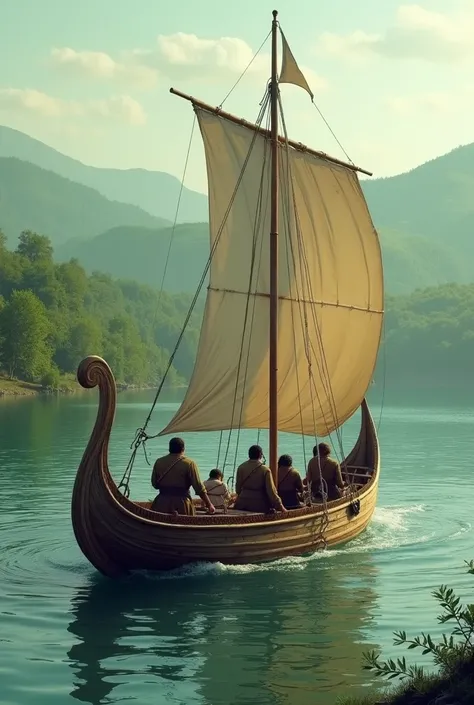 Medieval boat scene with green background