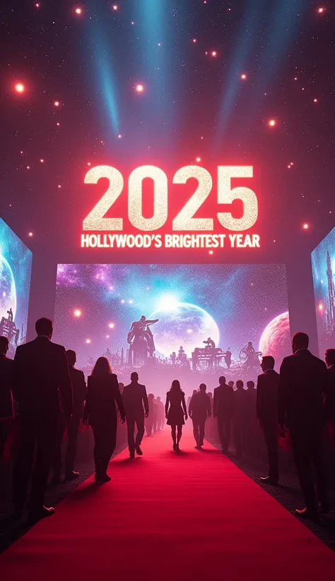 A high-energy, futuristic movie theater setting with a large screen in the background showing clips of superheroes, sci-fi worlds, and epic action scenes. Silhouettes of famous actors are walking down a red carpet, with bright lights and flashing cameras c...