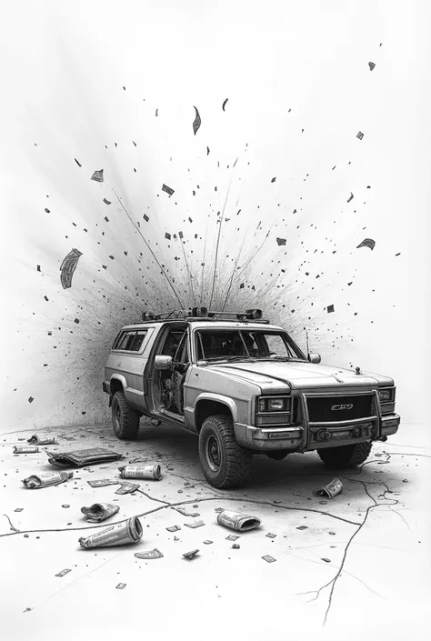 exploded armored car pencil drawing