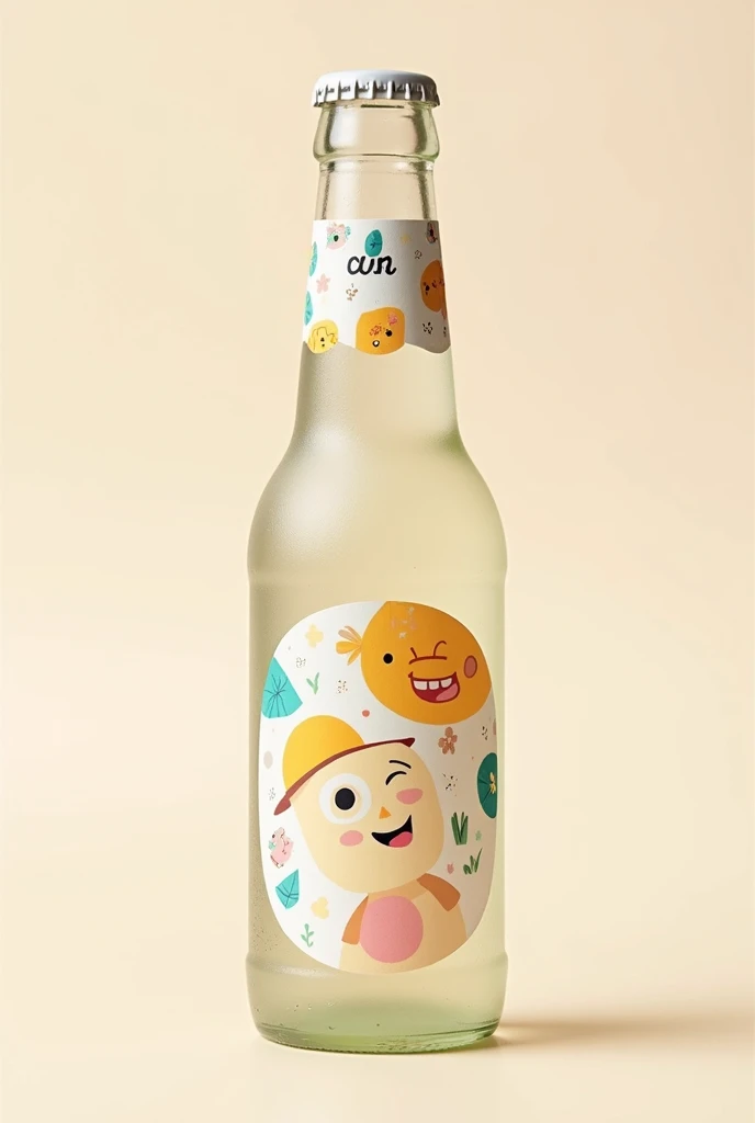 A transparent glass bottle with a frosted finish, similar in shape to a beer bottle. The bottle has a fun and playful label design with cute illustrations and brand logo on both the neck and the body of the bottle. The label features vibrant colors, charmi...