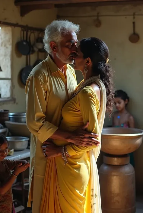 photo of a Beautiful Indian Woman with Dusky Skin, Wearing Tight Yellow Kurti and White stole over her head, Perfect Cleavage, Standing in Kitchen washing Utensils and a Old Man Standing Behind her and Holding Her Waist and Kissing on her Back, 2 Kids star...