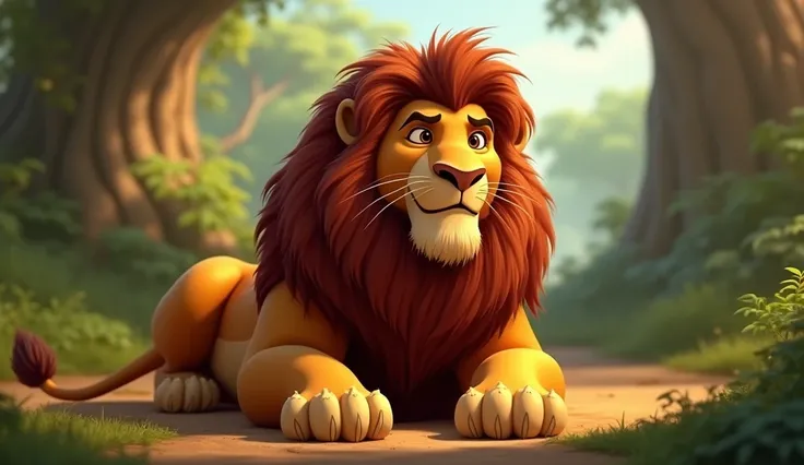 A mighty lion lounged lazily,his mane a majestic crown, picture in Disney Pixar art