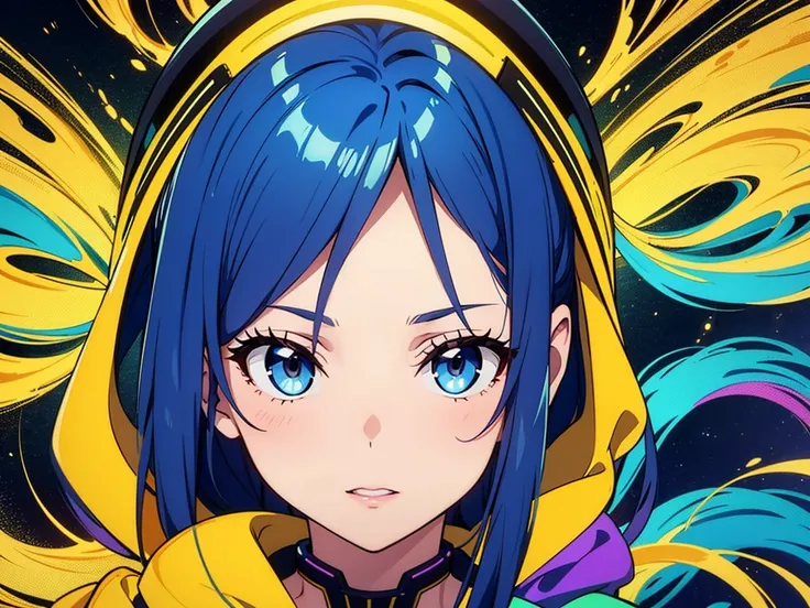 Cyber Error　Beautiful girl with blue hair in ecstasy with ripples of yellow liquid on a psychedelic background