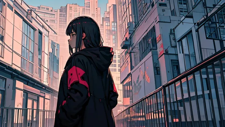 A girl is standing in front of a graffitied wall listening to music,hoodie,Glaring,Angle view from below,Alone, Noble girl, Lo-fi art style, Noble girl,relaxed mood, Lo-fi illustration style