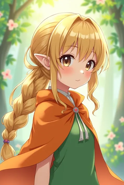 Blonde side tail　Braids　beautiful girl　anime　Green sleeveless　Orange Cape