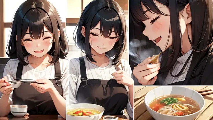 Put your face close to the bowl、A woman taking a sip of soup。The steam from the ramen enveloped her face.、The happy expression is impressive.。A woman in casual clothes、Depicting the moment when you enjoy your favorite ramen。